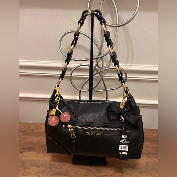 Steve Madden Black Shoulder Bag with Gold Accents and Bag Charms - Picture 4 of 11